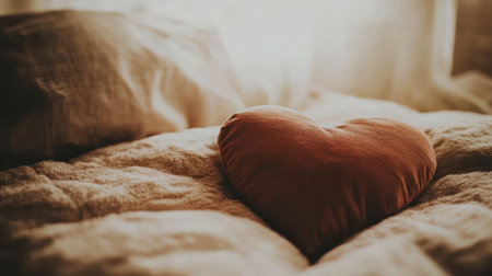 A heart-shaped pillow nestled on a soft bed bathed in warm light creates a cozy and inviting atmosphere, ideal for romantic moments and interior inspiration.の素材