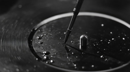 A striking black and white close-up image featuring a stylus poised above a glistening vinyl record, accentuating the beauty of design and texture in music production.の素材