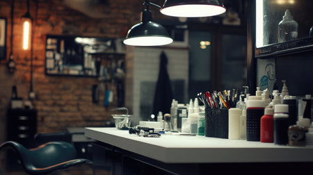 Discover a vibrant barber shop interior showcasing essential grooming tools on a stylish counter, enhanced by modern lighting and inviting decor, perfect for a refreshing and professional grooming experience.の素材