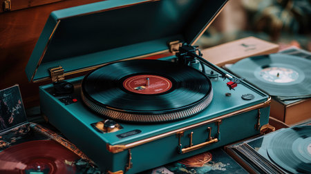 Capturing a vintage record player with intricate details, this image showcases classic vinyl records in a cozy atmosphere, perfect for music lovers and retro enthusiasts.の素材