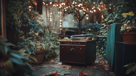 A vintage record player sits amidst an enchanting garden filled with greenery and twinkling fairy lights, creating a serene atmosphere perfect for music lovers and outdoor relaxation.の素材