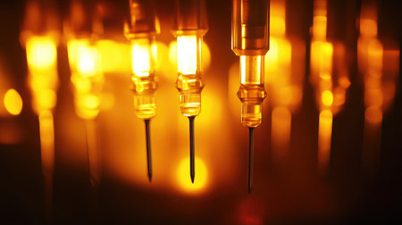 A captivating close-up of hypodermic needles illuminated by glowing golden light, creating an artistic backdrop that represents themes of health, science, and medical research.の素材