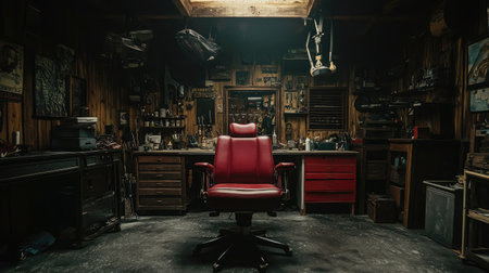 A striking red chair sits alone in a shadowy workshop, surrounded by various tools and warm wood paneling, creating an intriguing atmosphere of creativity and solitude.の素材