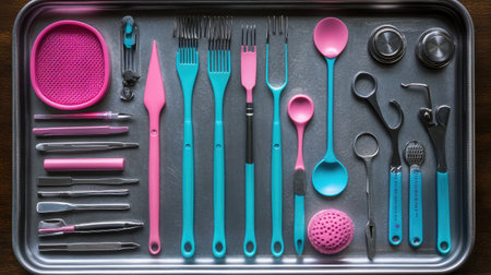 A vibrant display of kitchen tools in pink and blue, organized neatly on a metallic tray, ideal for showcasing creativity in cooking and food preparation activities.の素材
