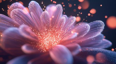 This enchanting close-up showcases a flower's intricate details, with sparkling petals and a soft glow, creating a serene and dreamy atmosphere that captivates the viewer.の素材