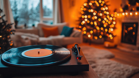 A warm and inviting living room scene featuring a vintage vinyl player, set against a beautifully decorated Christmas tree with glowing lights, creating a cozy festive atmosphere.の素材