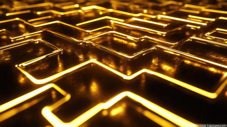 A mesmerizing close-up view of glowing golden lines forming an intricate geometric pattern, showcasing elegance and modern aesthetics with a vibrant reflective surface.の素材
