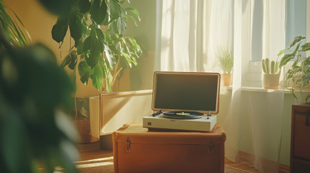 A vintage record player sits in a cozy room filled with indoor plants and gentle sunlight, creating a warm and nostalgic atmosphere perfect for relaxation and enjoyment.の素材