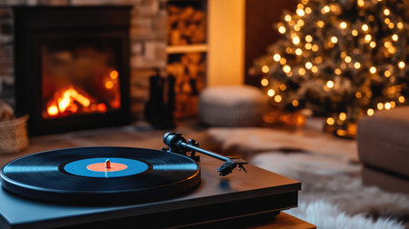 A charming living room scene with a vinyl record player, a crackling fireplace, and a beautifully lit Christmas tree, perfect for a cozy holiday atmosphere.の素材