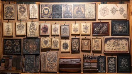 Explore a captivating arrangement of intricate wooden artworks showcasing remarkable craftsmanship, unique designs, and rich textures crafted with artistry and care.の素材