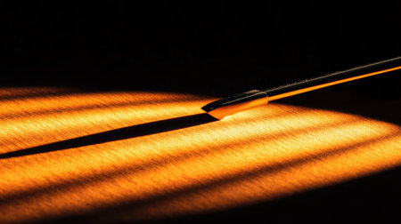 A captivating close-up image showcasing a metallic pen lying on a surface illuminated by warm light, creating striking shadows and lines, perfect for artistic and creative projects.の素材