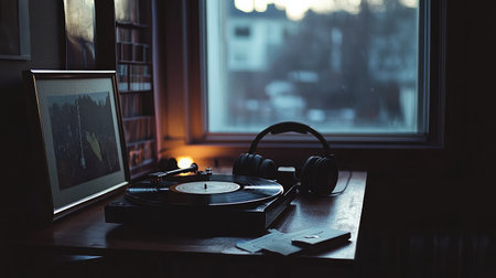 A peaceful vintage scene featuring a turntable, headphones, and soft light, perfect for music lovers seeking a cozy atmosphere to enjoy their favorite records.の素材