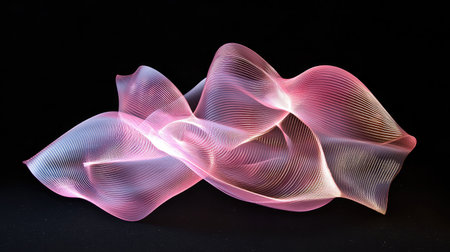 This artistic image features a flowing wave form in soft pink and white, creating an ethereal feel against a dark backdrop, showcasing beauty and motion in elegant abstraction.の素材