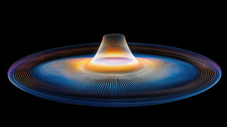 A captivating abstract representation of a vortex, displaying complex lines and bright colors, symbolizing energy and movement in a dynamic scientific concept.の素材