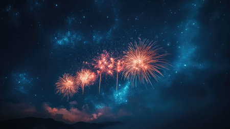 A captivating fireworks display brightens the night sky, showcasing vibrant colors and patterns above a serene mountain landscape, perfect for celebratory themes and festive events.の素材