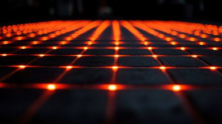 A mesmerizing low-angle view of a ground surface featuring bright red lights. The striking pattern and contrast create an engaging, modern atmosphere ideal for artistic projects.の素材