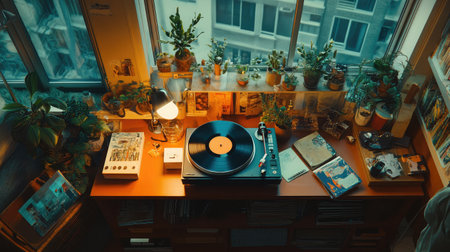 This image captures a cozy workspace featuring a vintage record player surrounded by lush houseplants, books, and a beautiful urban window view, creating a serene and inspiring environment.の素材