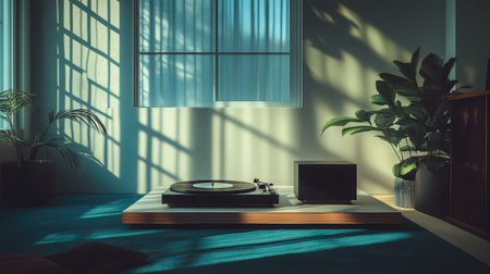 A serene home interior showcasing a turntable and speaker, illuminated by soft natural light, with beautiful shadows cast on the walls and a vibrant green plant.の素材