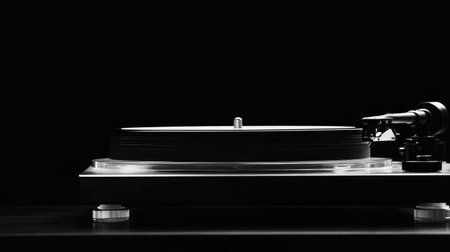 A stunning turntable elegantly displayed against a black background, highlighting the charm of vinyl records and classic music equipment for enthusiasts and collectors alike.の素材