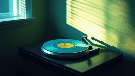 A vintage turntable rests in a cozy room, playing a vinyl record. Soft sunlight filters through slatted blinds, creating serene shadows and a warm, inviting atmosphere.の素材