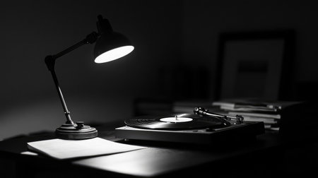 A beautifully composed still life of a vintage vinyl record player, softly lit by a desk lamp, creating an inviting atmosphere perfect for music lovers and cozy evenings.の素材