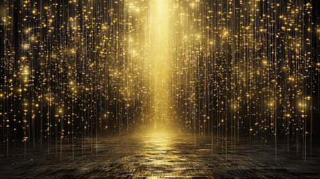 A stunning visual of golden light cascading down in a dark ambiance, surrounded by shimmering particles over a reflective water surface, evoking an ethereal and tranquil atmosphere.の素材