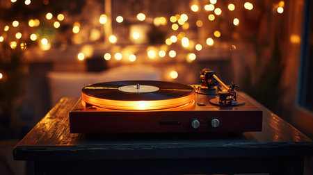 A vintage turntable glows warmly as it spins a record, surrounded by soft bokeh lights, creating a cozy and nostalgic atmosphere perfect for music lovers.の素材
