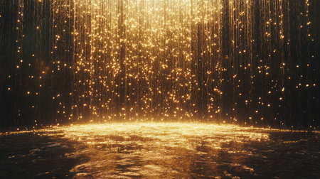 A mesmerizing scene of golden raindrops gracefully falling into a tranquil pool, creating a magical ambiance. Perfect for evoking feelings of wonder and inspiration in various creative projects.の素材