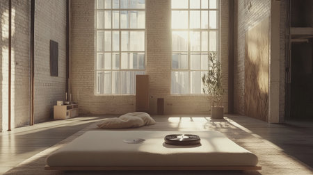 A serene minimalist interior bathed in natural sunlight, showcasing large windows, simple furnishings, and a tranquil atmosphere perfect for relaxation and calm living.の素材