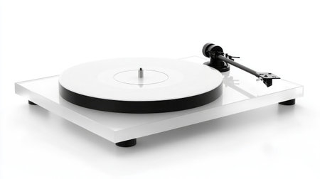 A modern turntable designed with a sleek, minimalistic aesthetic on a pristine white background, perfect for vinyl enthusiasts and stylish home decor.の素材