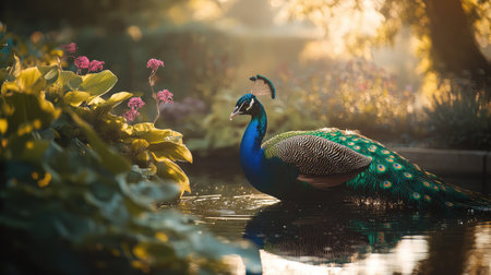 A stunning peacock elegantly swims through a serene garden pond, surrounded by vibrant flowers and lush greenery, captured in the gentle light of morning.の素材