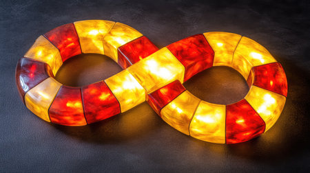 This artistic infinity symbol features a vibrant arrangement of colors and warm illumination, perfect for modern spaces or creative design projects, radiating unique charm.の素材