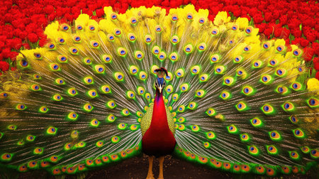 A stunning peacock showcases its vibrant feathers against a backdrop of bright tulips, creating a captivating scene that celebrates the beauty of nature and wildlife.の素材
