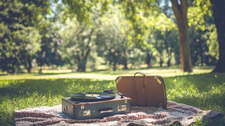A charming scene featuring a vintage record player on a picnic blanket in a vibrant park, ideal for capturing moments of leisure and nostalgia in a beautiful natural setting.の素材