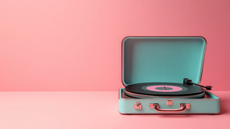 A charming vintage record player with a pink vinyl record, set against a soft pink background, evoking nostalgia and creativity for music lovers and vintage enthusiasts.の素材