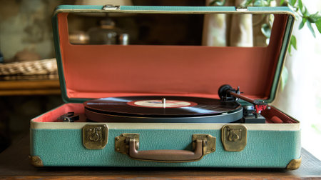 A charming vintage record player nestled in a turquoise case, exuding nostalgia. Perfect for creating a warm atmosphere in any cozy living space.の素材