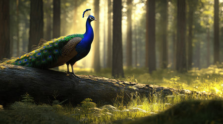 A stunning peacock stands elegantly on a fallen log in a serene forest, illuminated by soft sunlight, showcasing its vibrant feathers and the beauty of nature.の素材