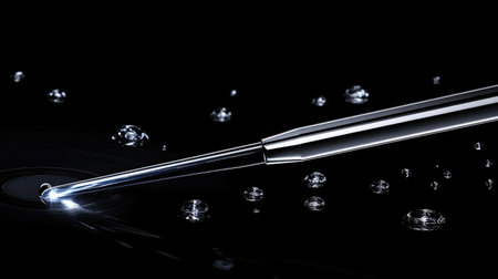 A close-up image showcasing a precision pipette on a glossy black surface, surrounded by droplets, emphasizing the significance of accuracy in laboratory settings and scientific research.の素材