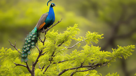 A stunning peacock elegantly perched on a vibrant green branch, showcasing its brilliant feathers under soft natural light in a lush environment. Ideal for nature lovers.の素材