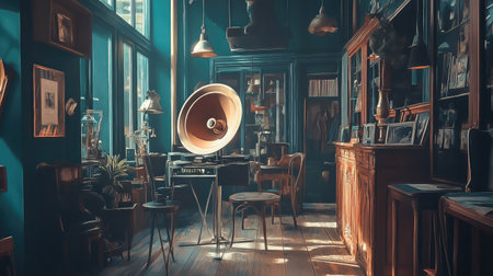 Explore a cozy vintage interior featuring a gramophone and elegant wooden furniture, highlighting a creative workspace filled with artistic decor and warm atmosphere.の素材
