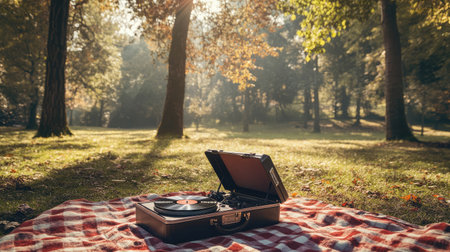 Enjoy the serene beauty of nature with a vintage record player resting on a picnic blanket, surrounded by vibrant autumn foliage and soft sunlight. Perfect for leisure activities.の素材