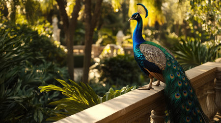 A stunning peacock stands gracefully in a lush garden, displaying its vibrant feathers. The serene outdoor setting is filled with tropical foliage, highlighting the beauty of nature.の素材
