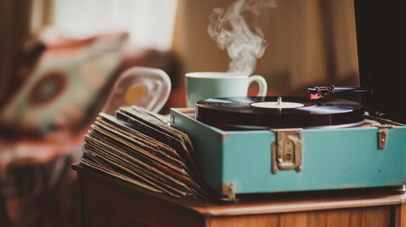 A vintage record player sits atop a wooden table alongside a steaming cup of coffee, evoking a cozy and nostalgic atmosphere perfect for those who cherish music and relaxation.の素材