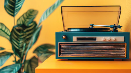 A vibrant retro turntable in blue showcases vinyl records, set against a bright yellow wall. A green leaf plant adds a touch of nature, creating a nostalgic and lively atmosphere.の素材