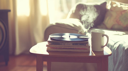 A serene setting featuring a vinyl record on a table beside a steaming cup of coffee, illuminated by soft morning light, creating a perfect atmosphere for relaxation and enjoyment.の素材