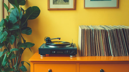 A vibrant living room scene featuring a stylish record player on an orange cabinet, accompanied by a collection of vinyl records and a lush potted plant, creating a warm, inviting atmosphere.の素材