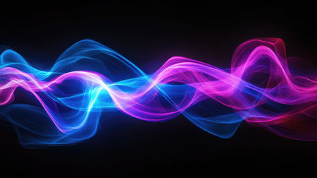 An eye-catching display of vibrant abstract light waves in electric blue and hot pink colors on a sleek dark background, showcasing dynamic motion and energetic flow.の素材