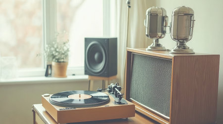 A vintage record player sits elegantly in a cozy living room, surrounded by stylish speakers and natural light, creating a warm and nostalgic atmosphere for music lovers.の素材