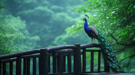 A stunning peacock perches gracefully on a wooden bridge, displaying its brilliant plumage amidst a serene, misty forest, capturing the essence of natural beauty and tranquility.の素材