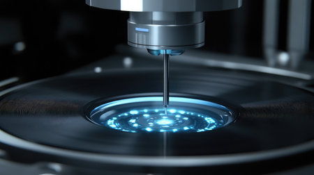 A detailed close-up of advanced scientific instrumentation showcasing laser precision on a material surface, ideal for technology and research-related projects.の素材
